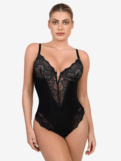 Shapewear Dantel Derin V Yaka Şekillendirici Tanga Bodysuit