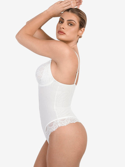 Shapewear Dantel Derin V Yaka Şekillendirici Tanga Bodysuit