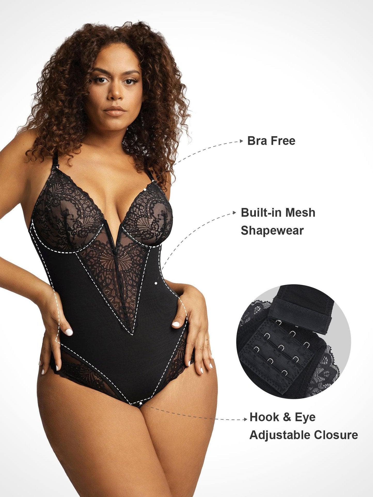 Shapewear Dantel Derin V Yaka Şekillendirici Tanga Bodysuit