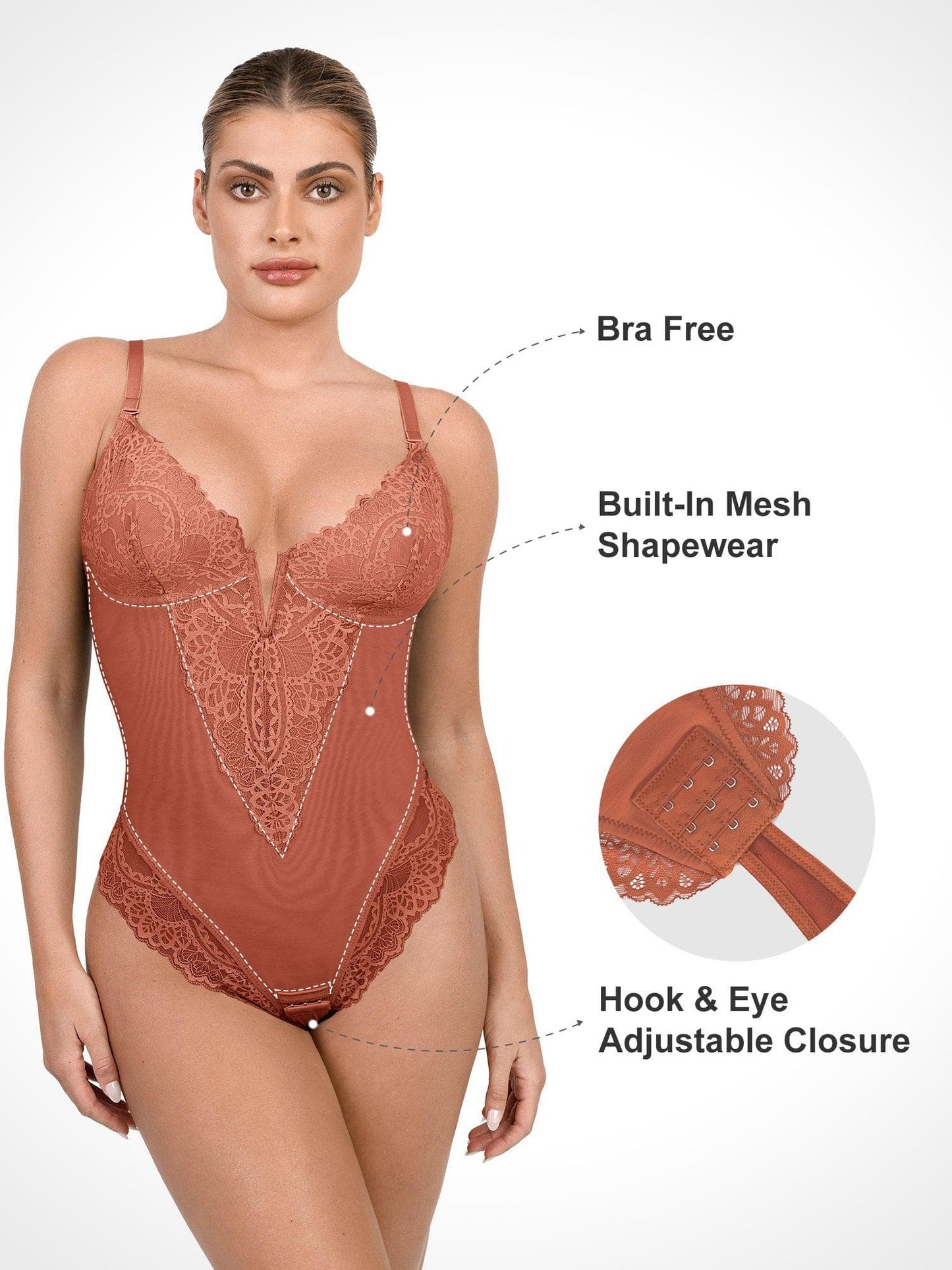 Shapewear Dantel Derin V Yaka Şekillendirici Tanga Bodysuit