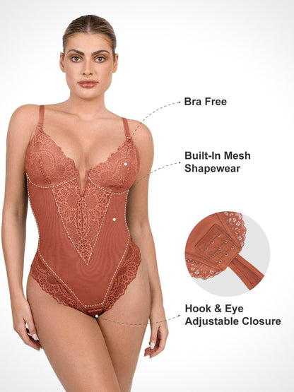 Shapewear Dantel Derin V Yaka Şekillendirici Tanga Bodysuit