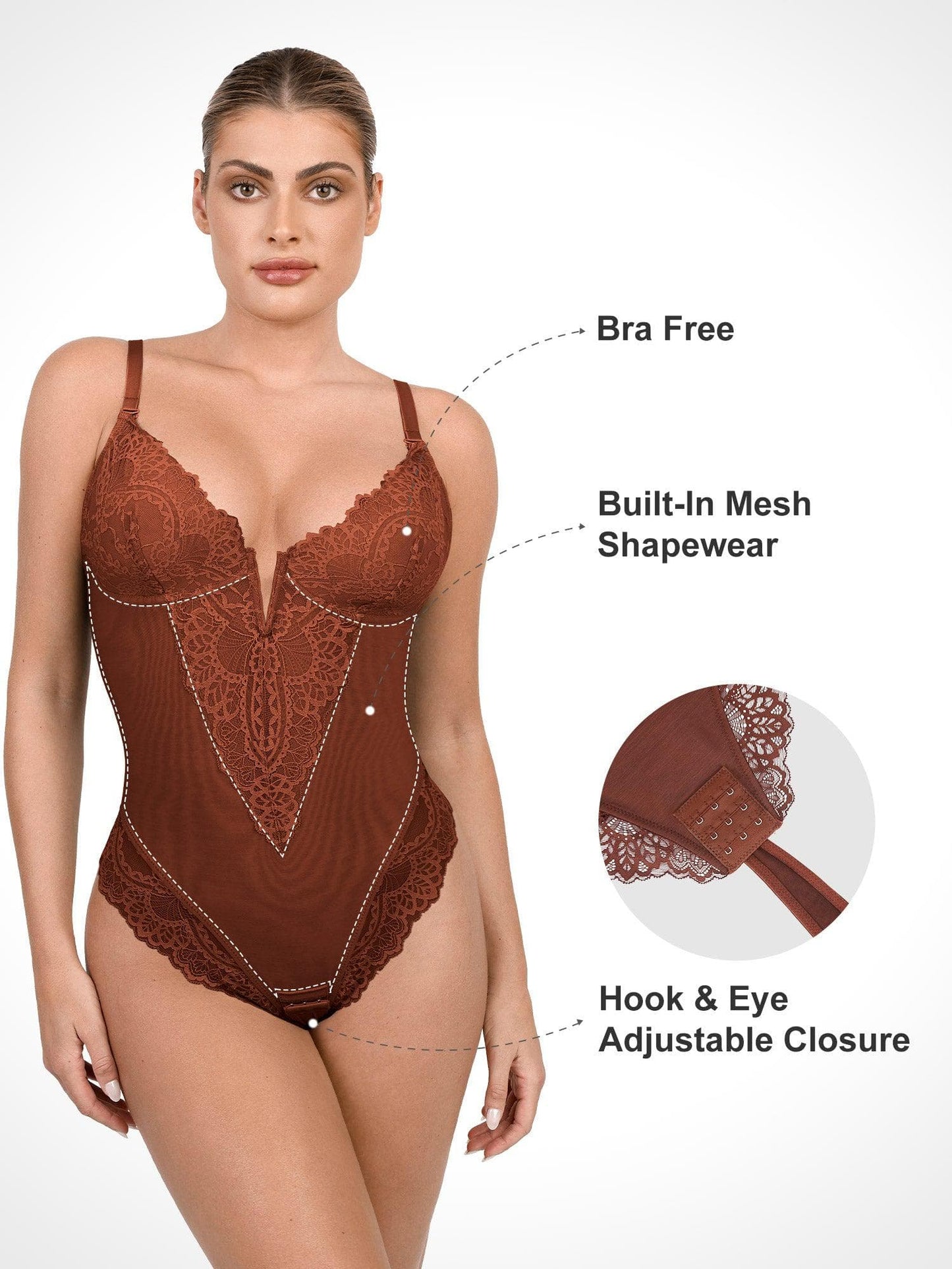 Shapewear Dantel Derin V Yaka Şekillendirici Tanga Bodysuit