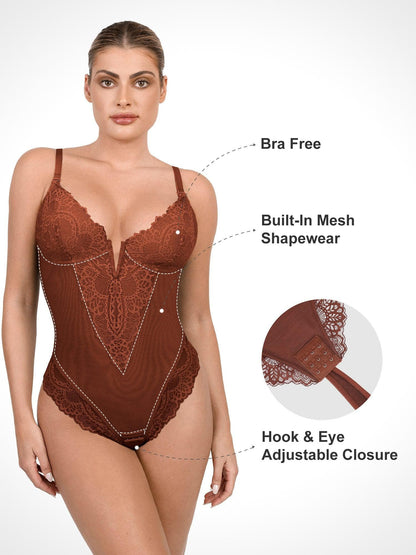 Shapewear Dantel Derin V Yaka Şekillendirici Tanga Bodysuit