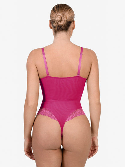 Shapewear Dantel Derin V Yaka Şekillendirici Tanga Bodysuit