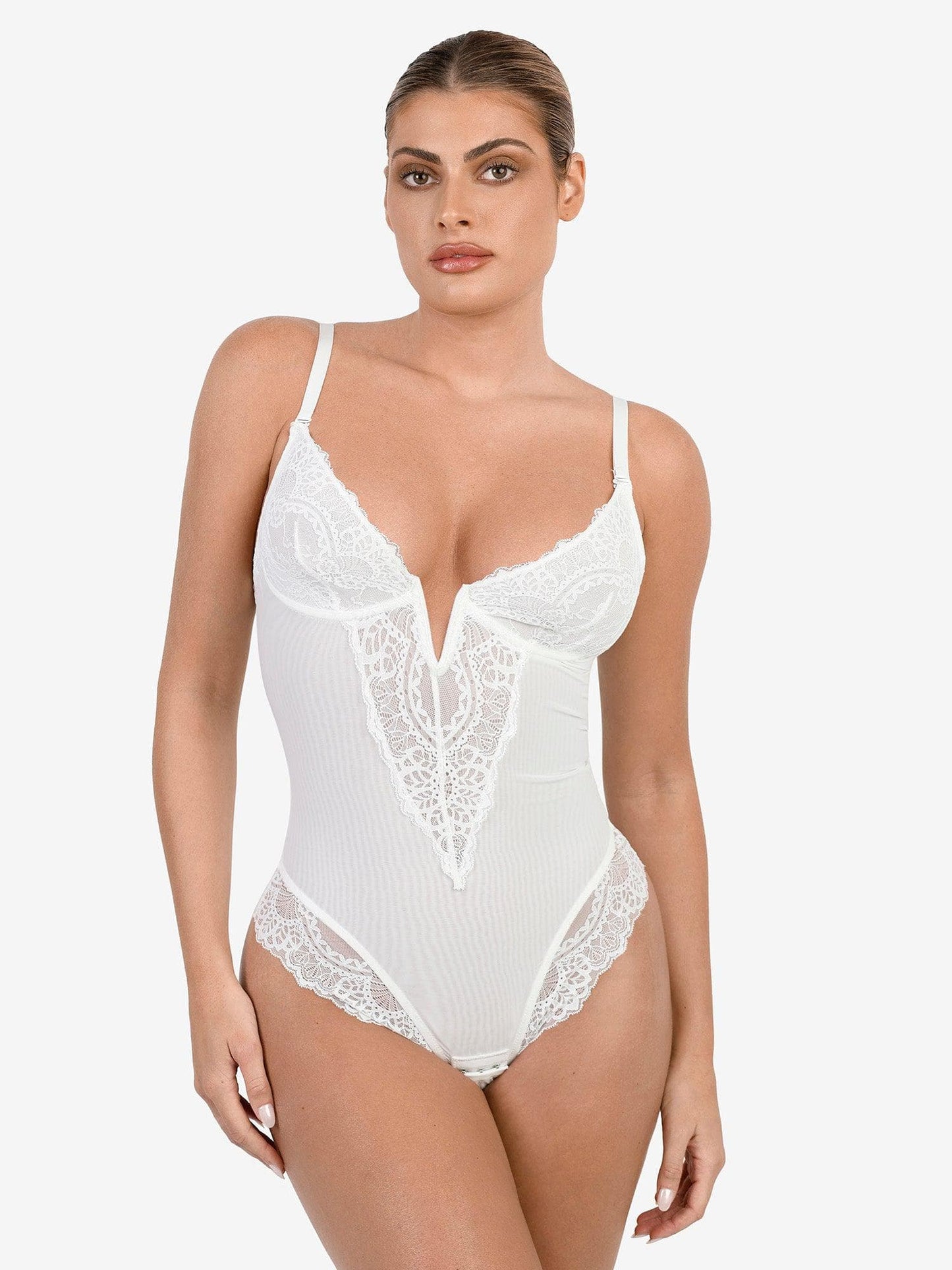 Shapewear Dantel Derin V Yaka Şekillendirici Tanga Bodysuit