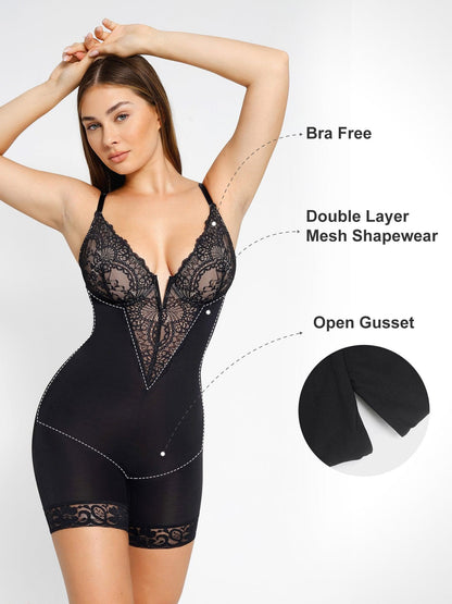 Shapewear Dantel Derin V Yaka Bodysuits veya Suni Deri Etekler