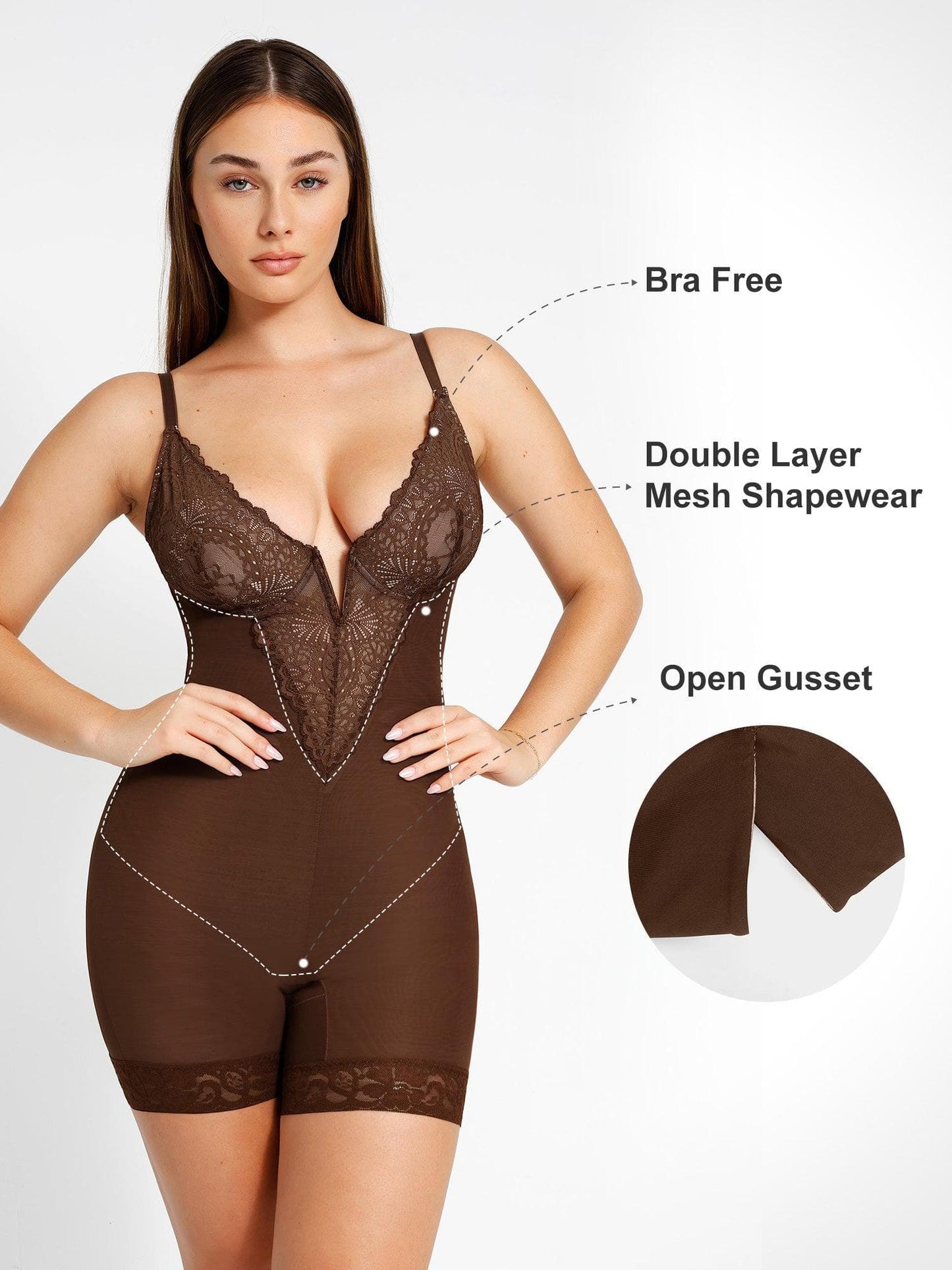 Shapewear Dantel Derin V Yaka Bodysuits veya Suni Deri Etekler