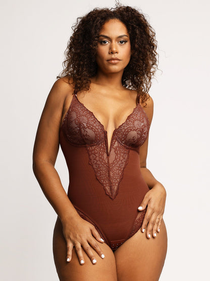 Shapewear Dantel Derin V Yaka Bodysuits veya Suni Deri Etekler