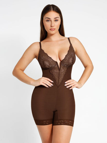 Shapewear Dantel Derin V Yaka Bodysuits veya Suni Deri Etekler