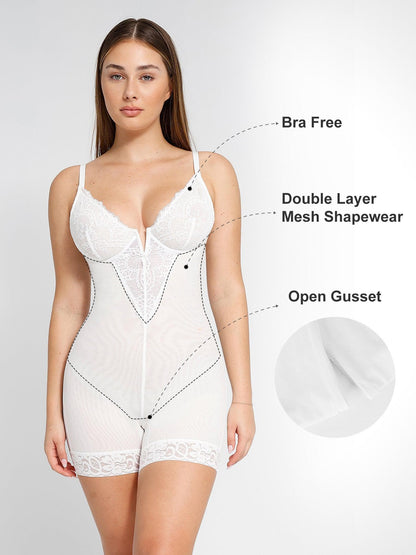 Shapewear Dantel Derin V Yaka Şekillendirici Diz Üstü Bodysuit