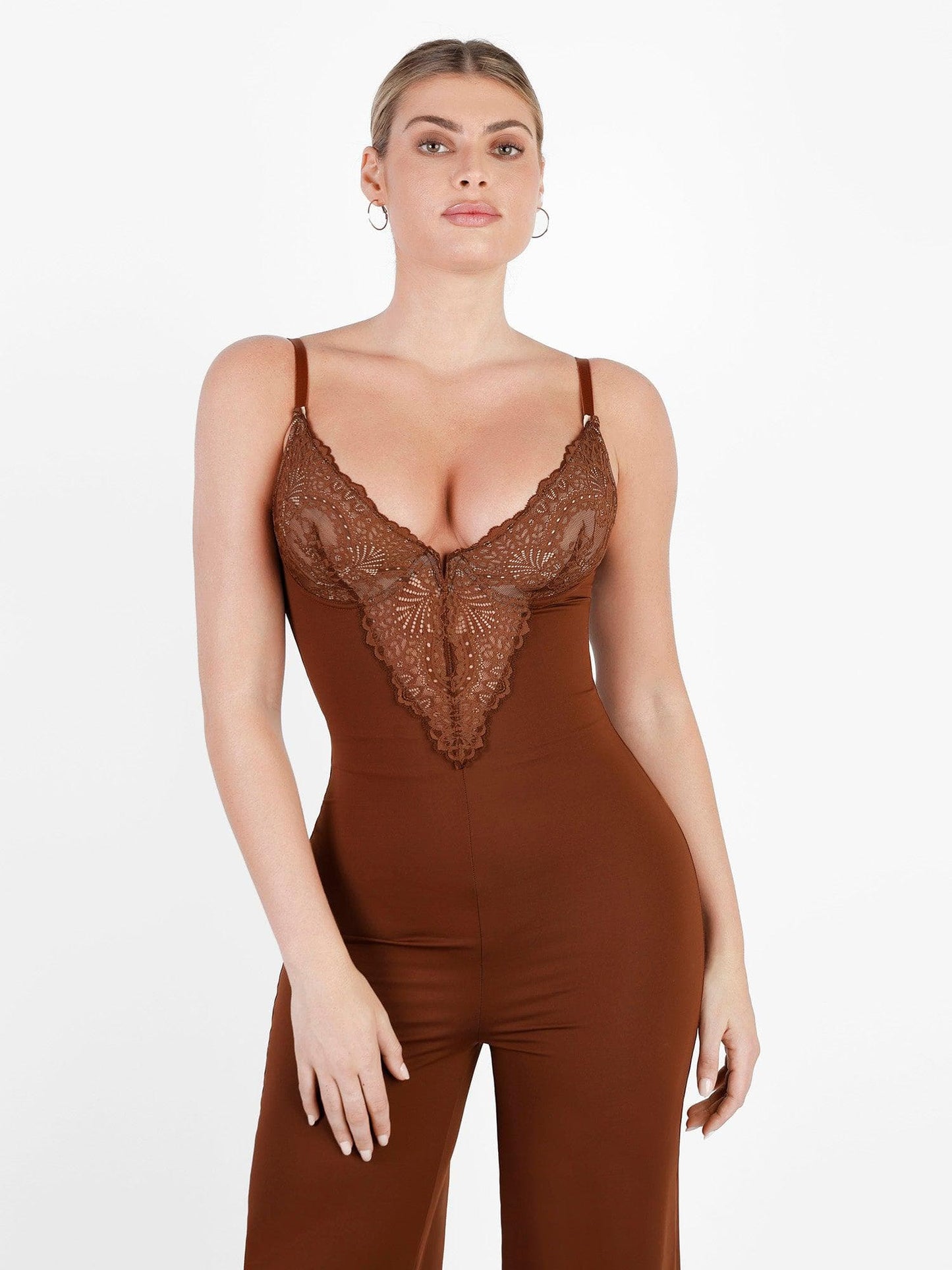 Shapewear Dantel Derin V Yaka Şekillendirici Geniş Bacak Tulum