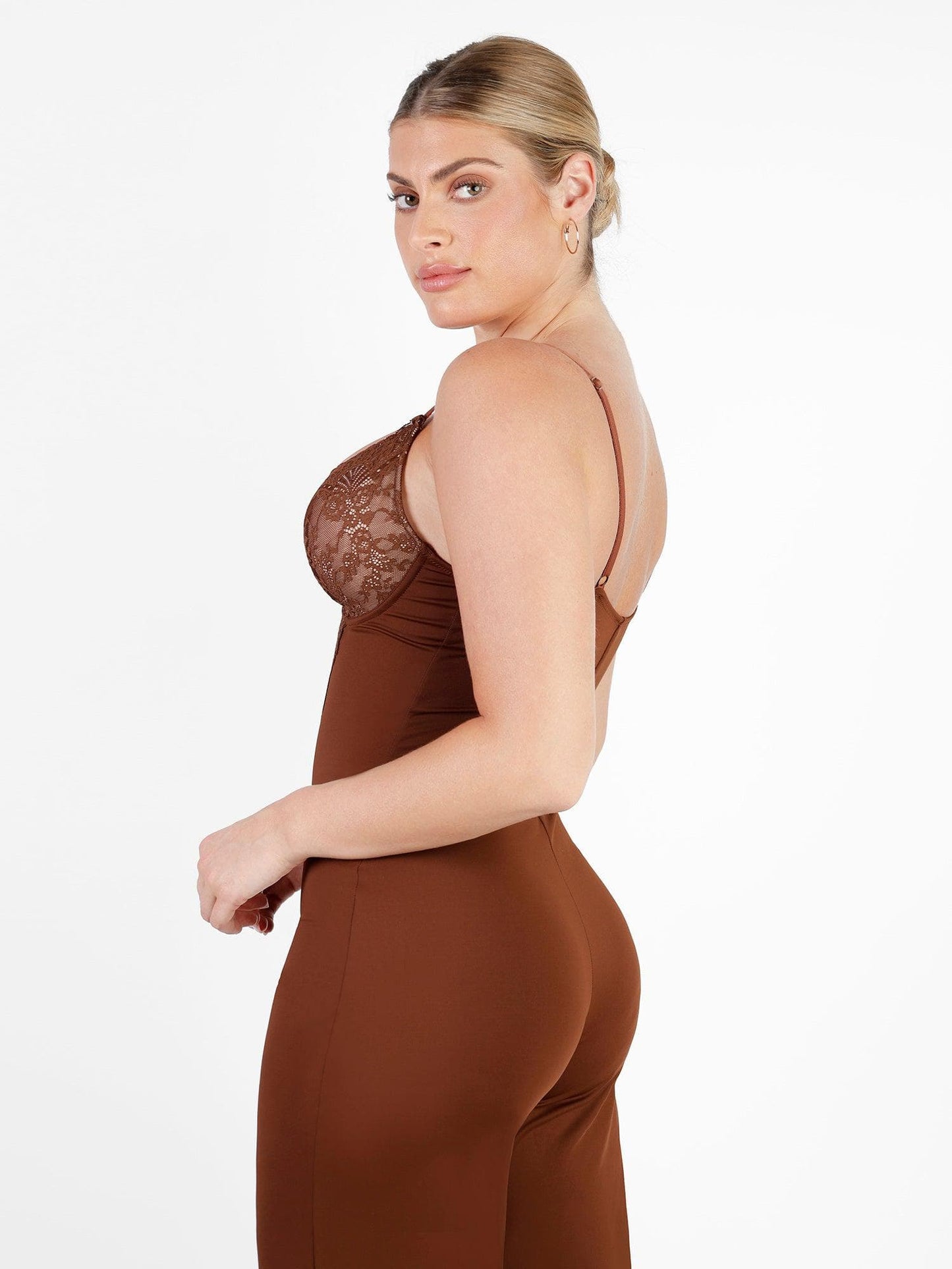 Shapewear Dantel Derin V Yaka Şekillendirici Geniş Bacak Tulum