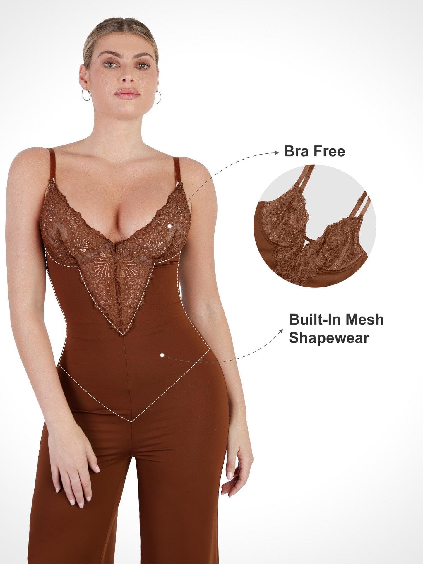 Shapewear Dantel Derin V Yaka Şekillendirici Geniş Paça Tulum