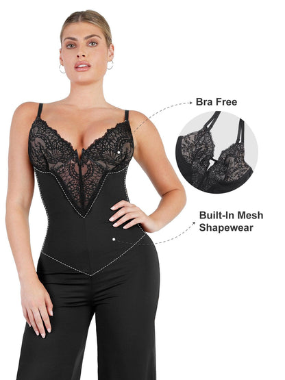 Shapewear Dantel Derin V Yaka Şekillendirici Geniş Bacak Tulum