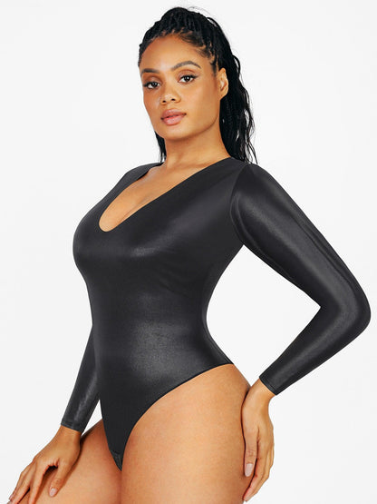 Shapewear Uzun Kollu Suni Deri V Yaka Şekillendirici Bodysuit