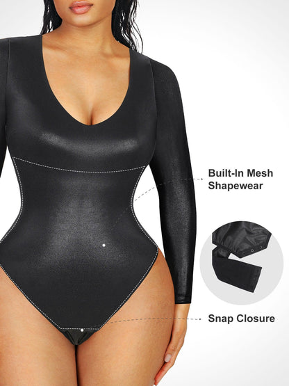 Shapewear Uzun Kollu Suni Deri V Yaka Şekillendirici Bodysuit