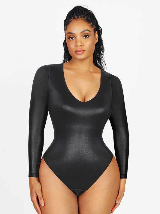 Shapewear Uzun Kollu Suni Deri V Yaka Şekillendirici Bodysuit