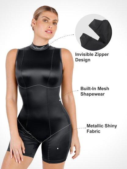 Shapewear Romper Metalik Parlak Tek Parça Mock-Neck