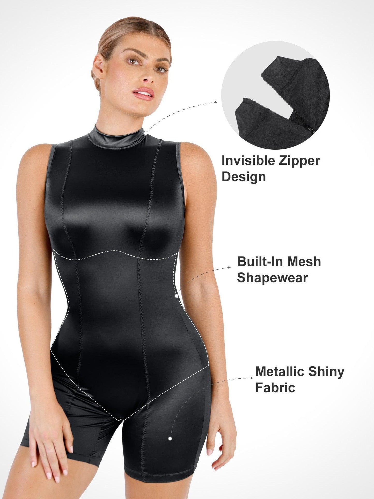 Shapewear Streç Saten Büzgülü Yaka Şekillendirici Romper