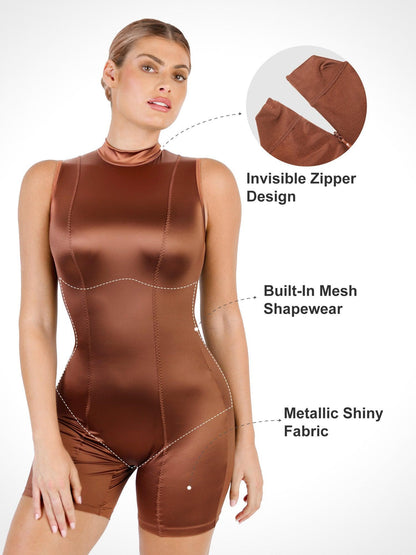 Shapewear Romper Metalik Parlak Tek Parça Mock-Neck