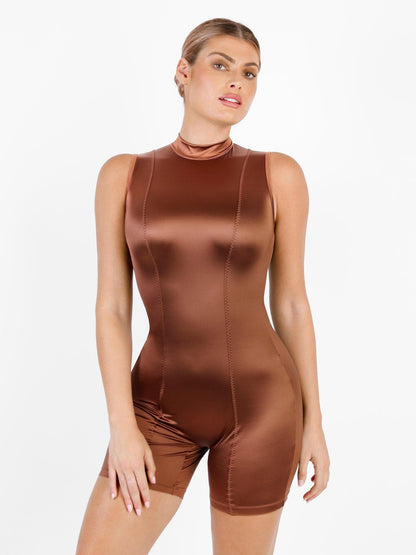 Shapewear Romper Metalik Parlak Tek Parça Mock-Neck