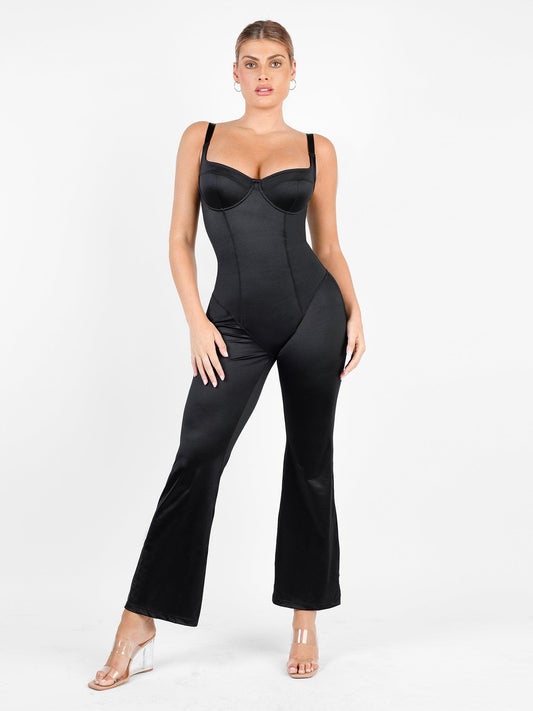 Shapewear Şekillendirici Parlak Geniş Paça Korseli Tulum