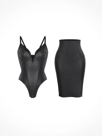 Shapewear Derin V Yaka Deri Bodysuit Yırtmaçlı Midi Etek Takım