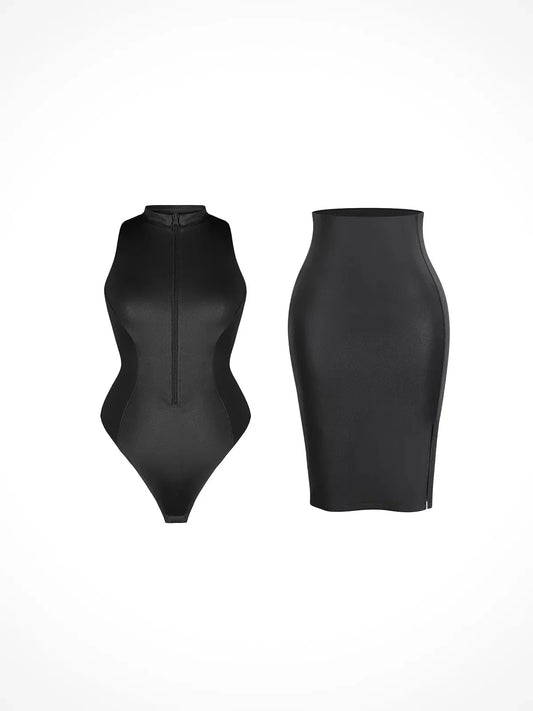 Shapewear Takma Yaka Deri Şekillendirici Bodysuit Etek Takım