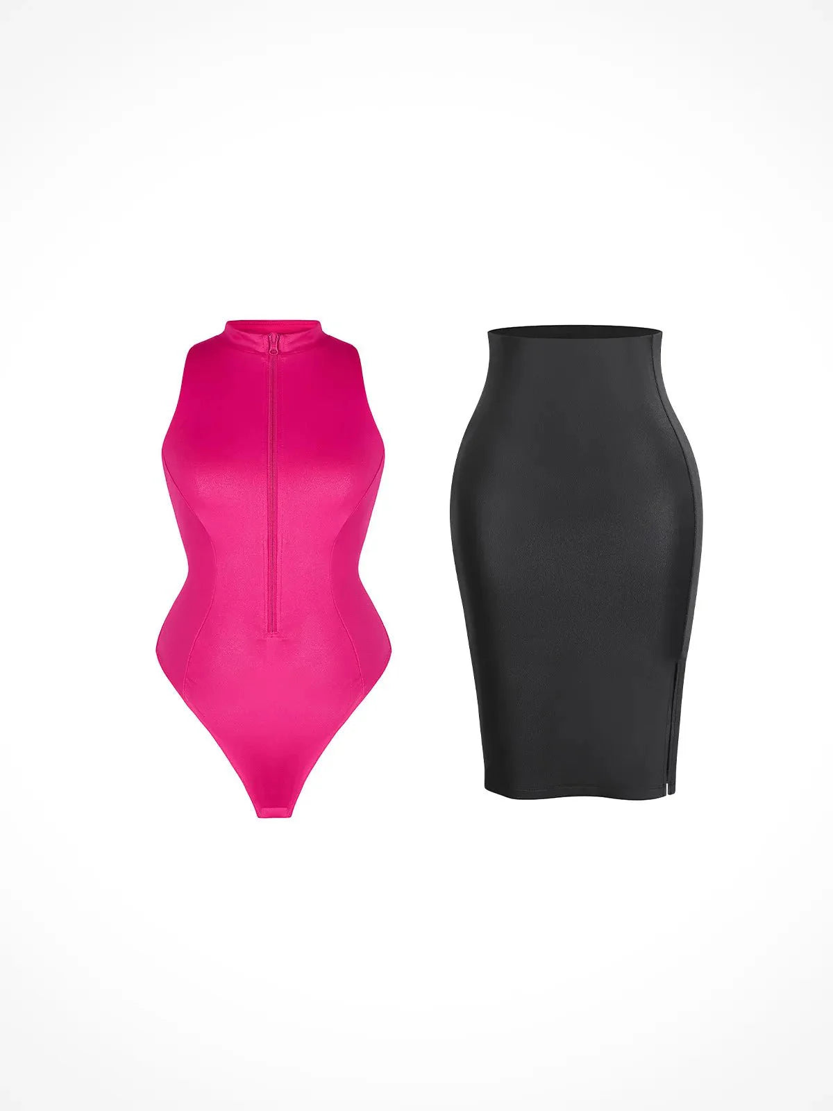 Shapewear Takma Yaka Deri Şekillendirici Bodysuit Etek Takım