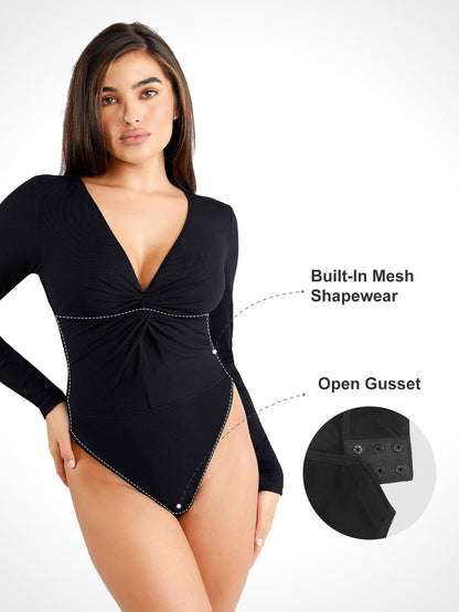 Shapewear Uzun Kollu Bükümlü Ön Modal Tanga Bodysuit