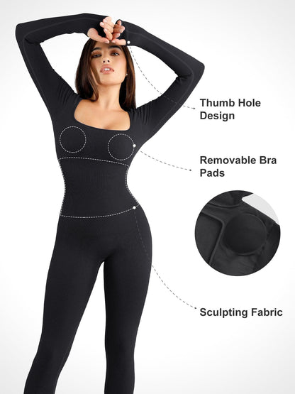 Shapewear Dikişsiz Kare Yaka Egzersiz Tulumu veya Romper