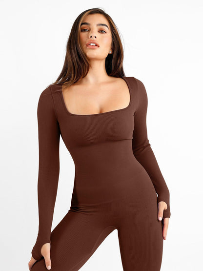 Shapewear Uzun Kollu Dikişsiz Başparmak Delikli Tulum