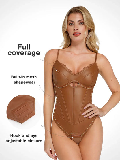 Shapewear Suni Deri Kum Saati Kesimli Korse Bodysuit