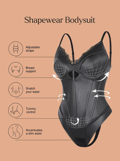 Shapewear Suni Deri Kum Saati Kesimli Korse Bodysuit