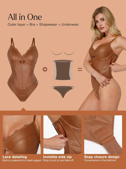 Shapewear Suni Deri Kum Saati Kesimli Korse Bodysuit