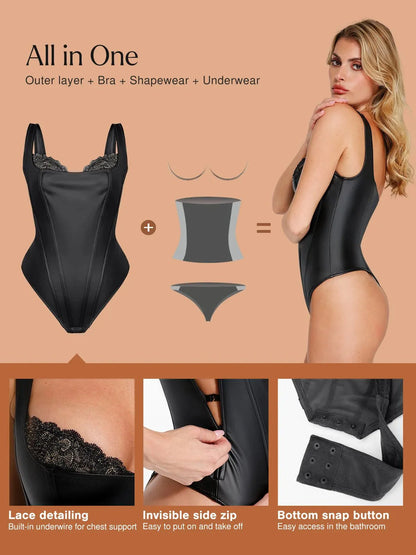 Shapewear Suni Deri Dantel Balconette Şekillendirici Bodysuit