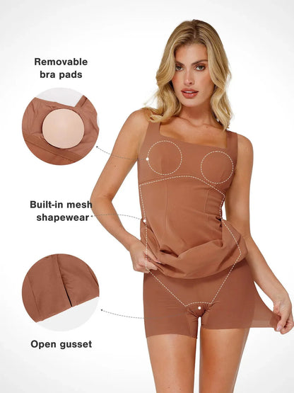 Shapewear Suni Nubuk Bodycon Şekillendirici Yırtmaçlı Midi Elbise