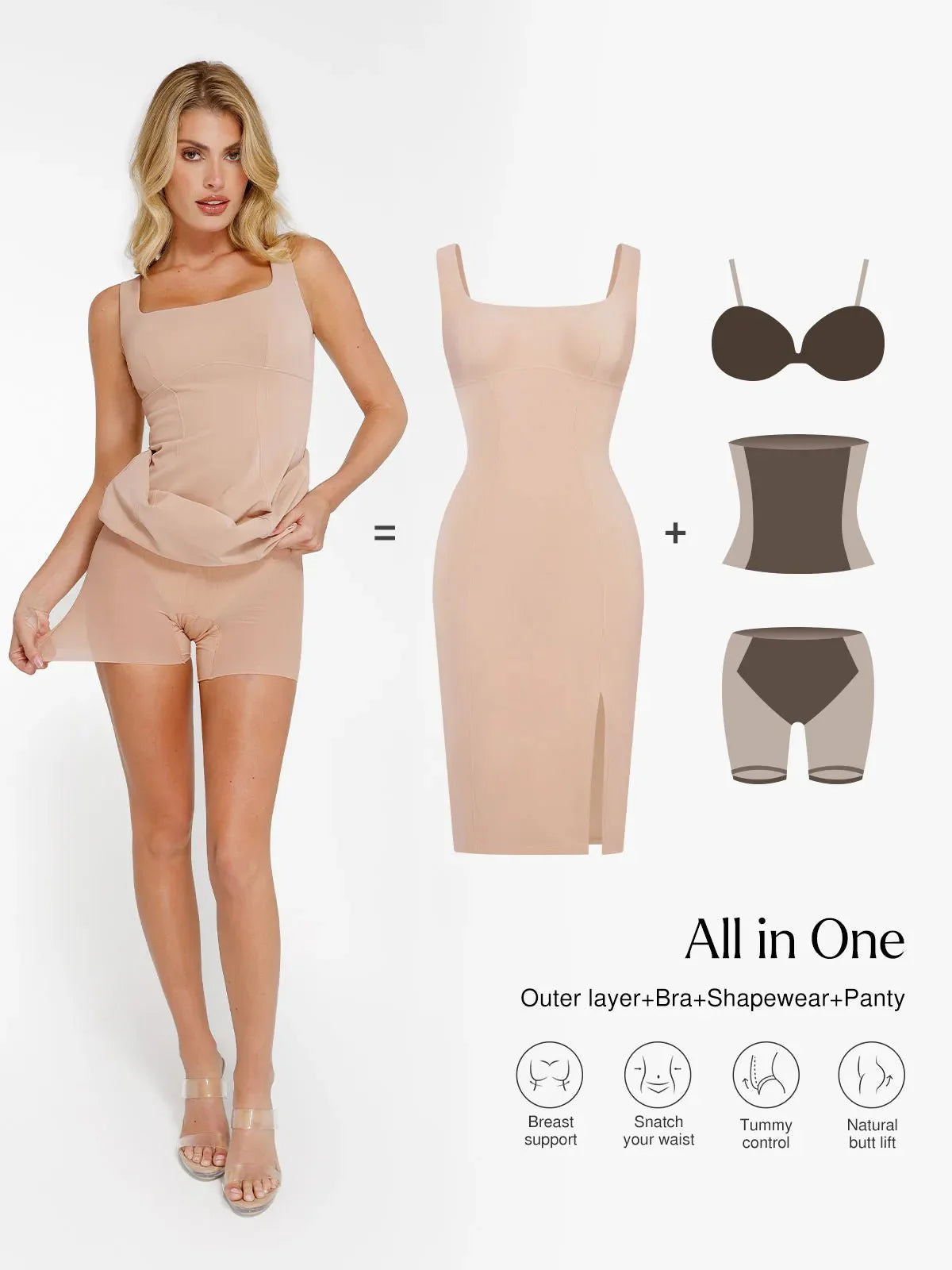 Shapewear Suni Nubuk Bodycon Şekillendirici Yırtmaçlı Midi Elbise