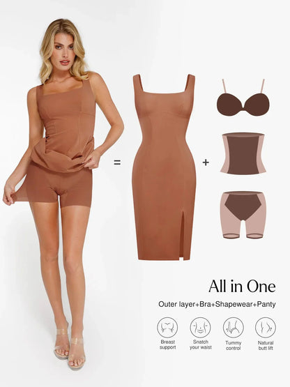 Shapewear Suni Nubuk Bodycon Şekillendirici Yırtmaçlı Midi Elbise