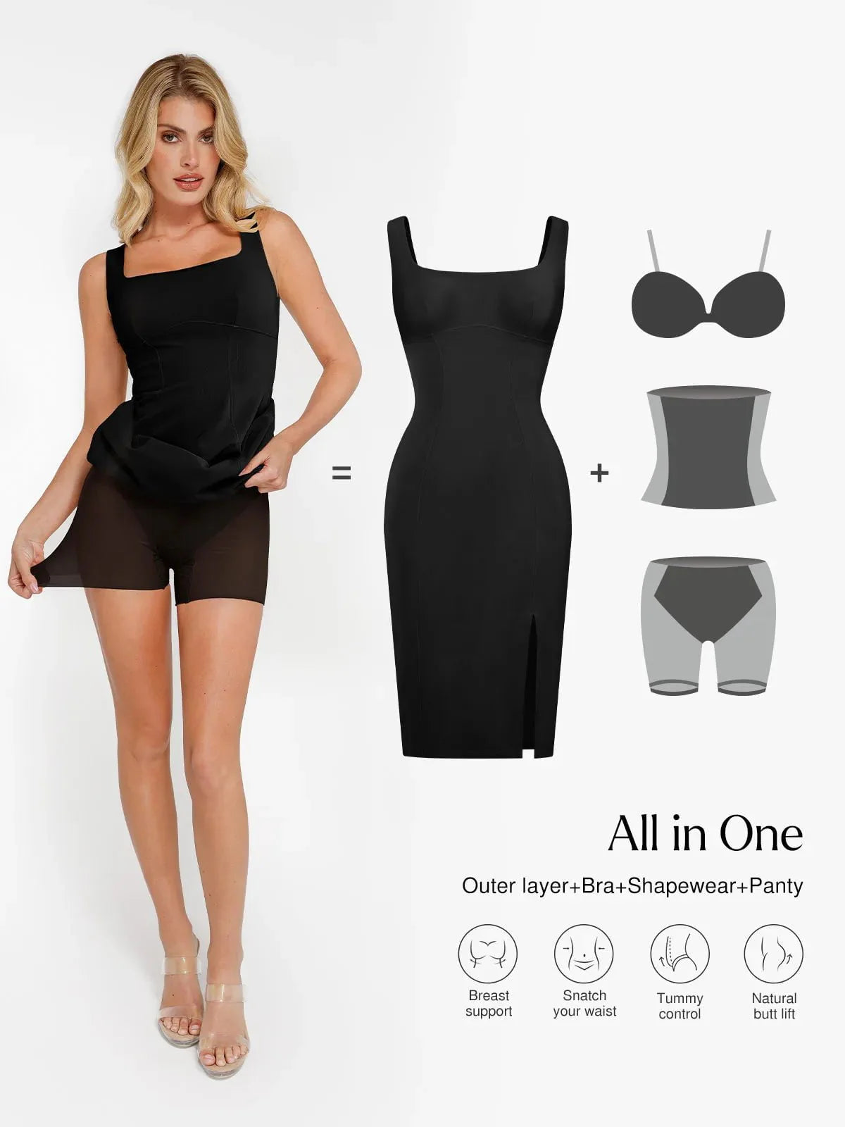 Shapewear Suni Nubuk Bodycon Şekillendirici Yırtmaçlı Midi Elbise