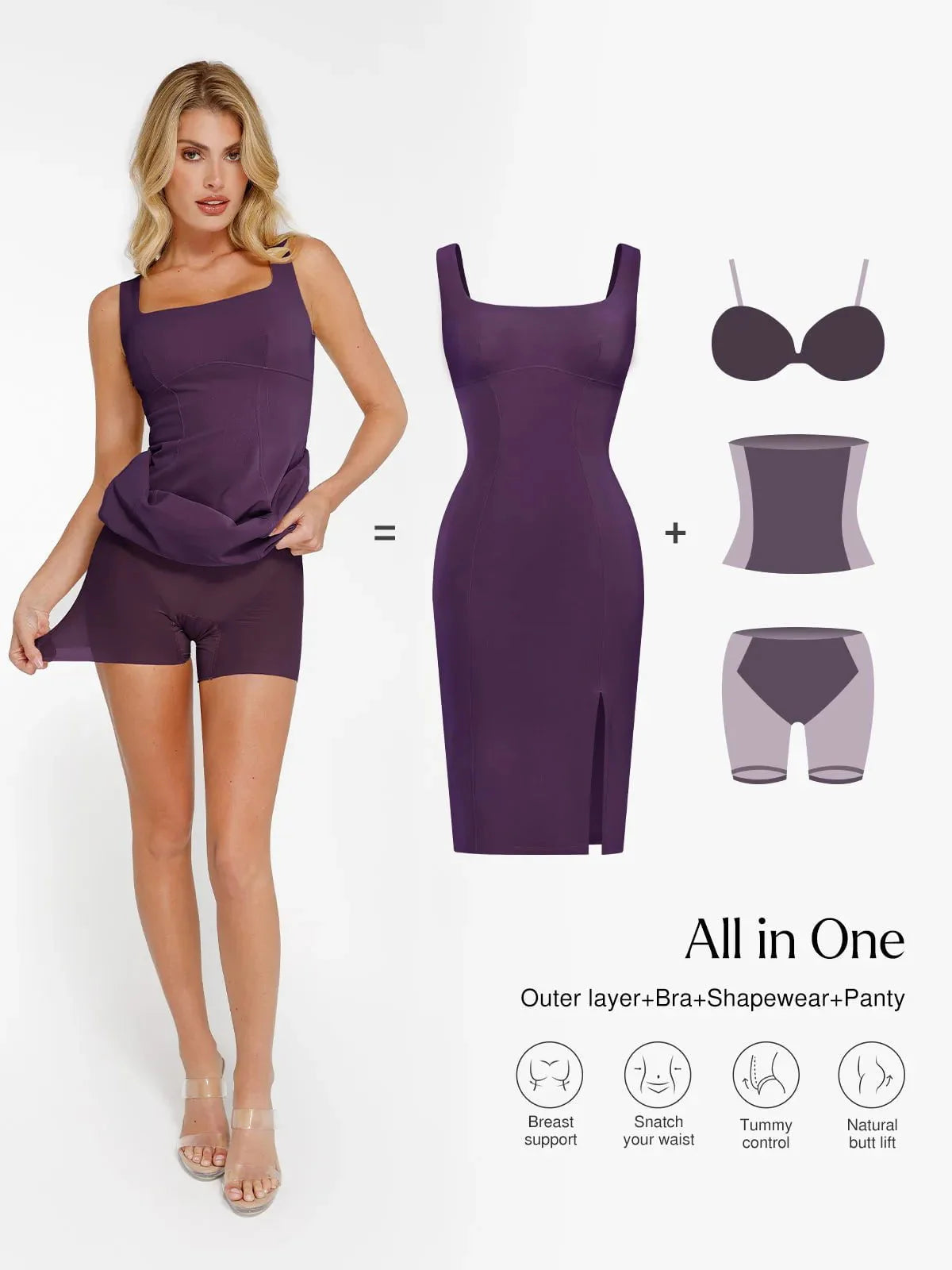 Shapewear Suni Nubuk Bodycon Şekillendirici Yırtmaçlı Midi Elbise