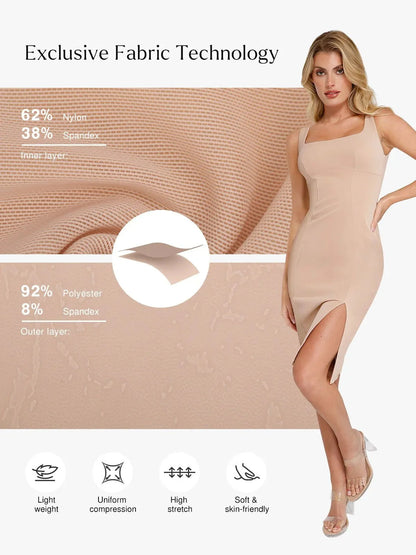 Shapewear Suni Nubuk Bodycon Şekillendirici Yırtmaçlı Midi Elbise