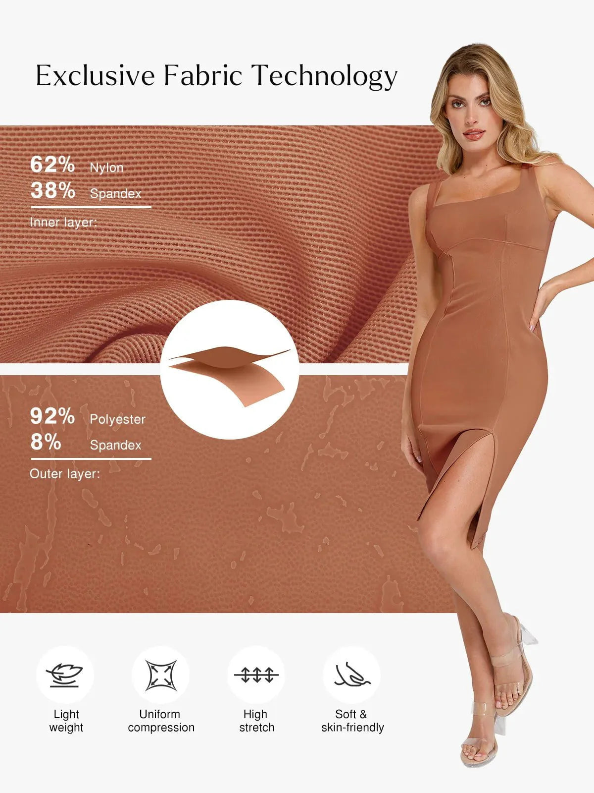 Shapewear Suni Nubuk Bodycon Şekillendirici Yırtmaçlı Midi Elbise