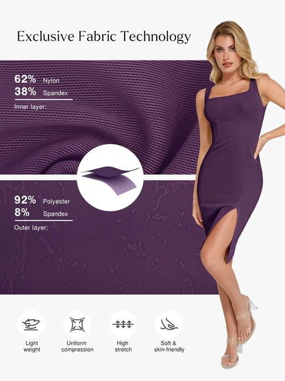 Shapewear Suni Nubuk Bodycon Şekillendirici Yırtmaçlı Midi Elbise