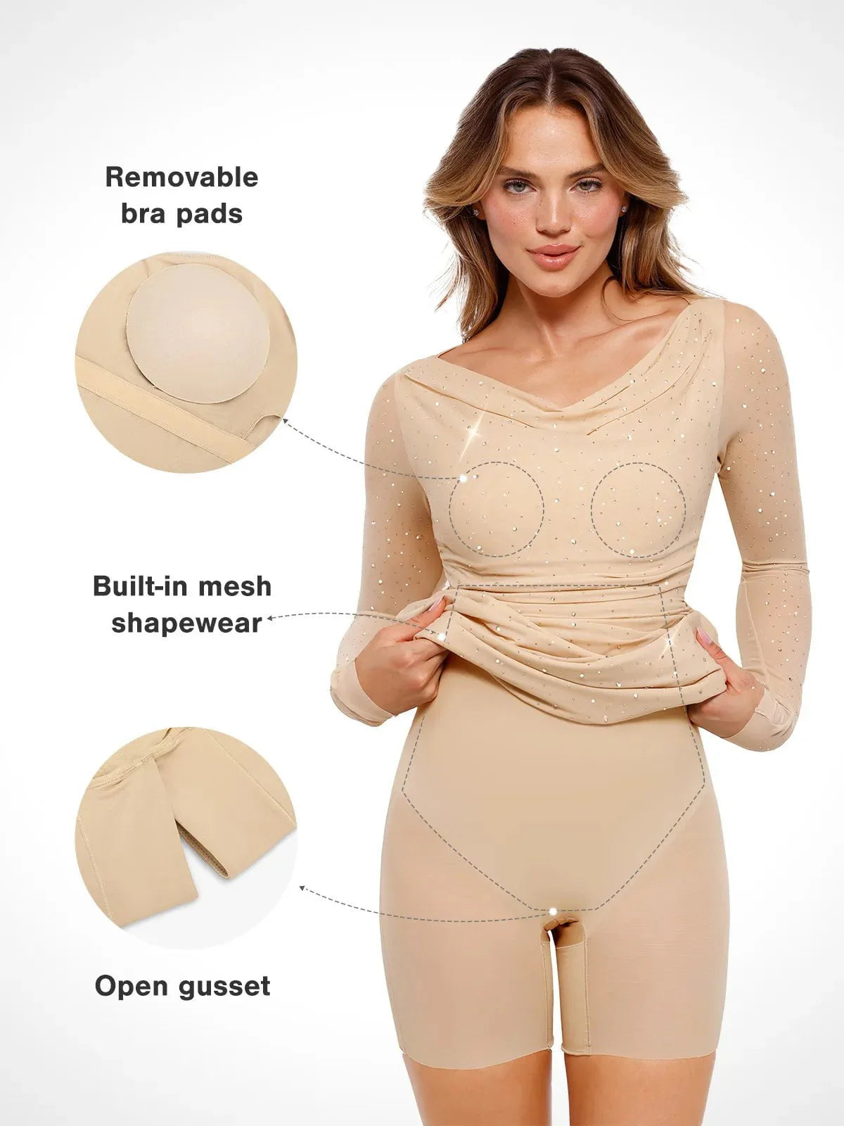 Shapewear Heat-Set Kristal Örgü Uzun Kollu İnce Mini Elbise