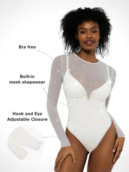 Shapewear Heat-Set Kristal Fileli Uzun Kollu İnceltici Bodysuit