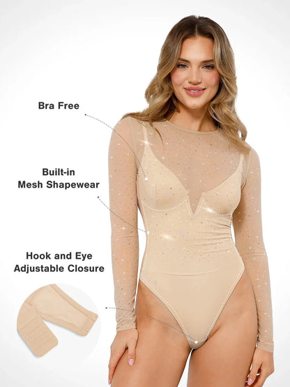 Shapewear Heat-Set Kristal Fileli Uzun Kollu İnceltici Bodysuit