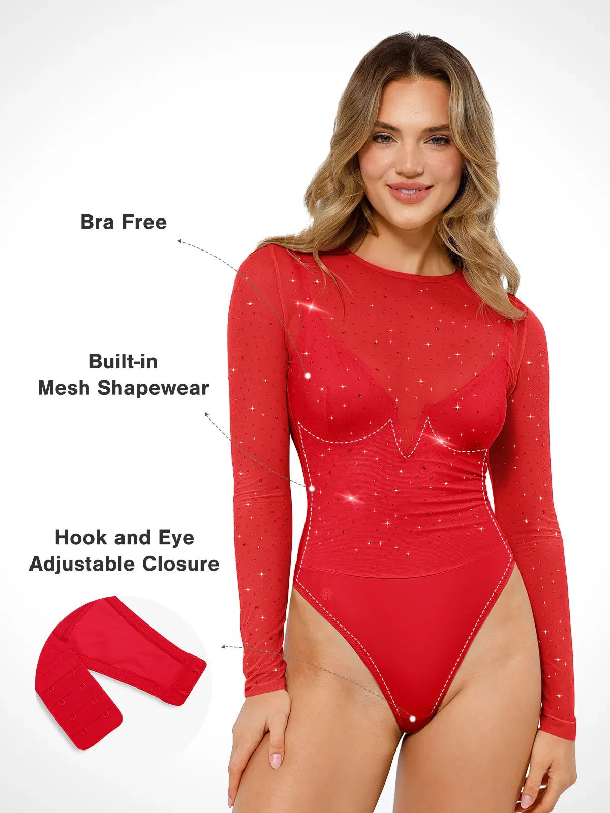 Shapewear Heat-Set Kristal Fileli Uzun Kollu İnceltici Bodysuit