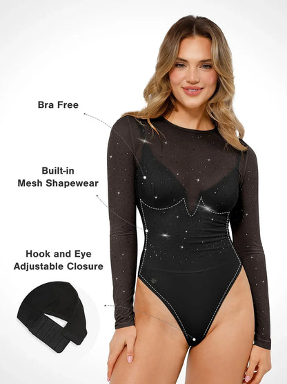 Shapewear Heat-Set Kristal Fileli Uzun Kollu İnceltici Bodysuit