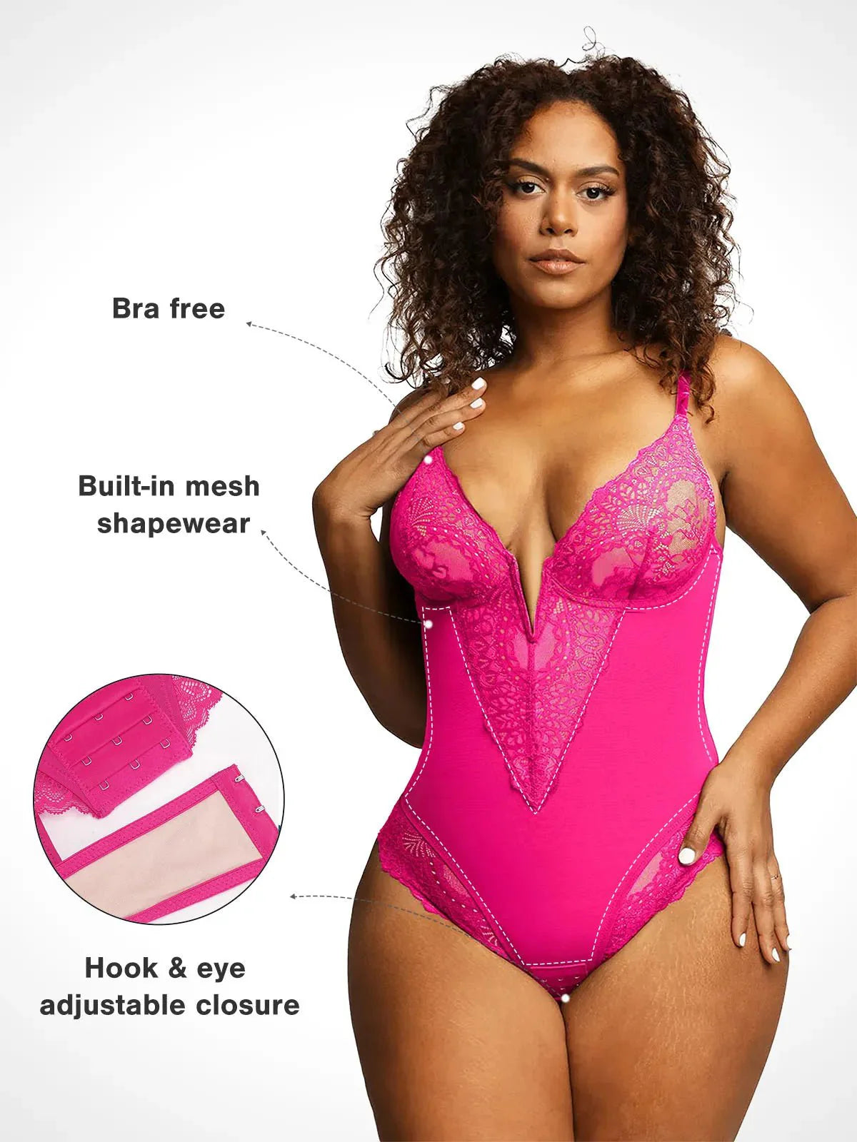 Shapewear Dantel Derin V Yaka Şekillendirici Tanga Bodysuit